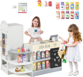 Épicerie Enfants En Bois Avec 15 Accessoires et Distributeur Automatique, Jeu D’imitation(gris)
