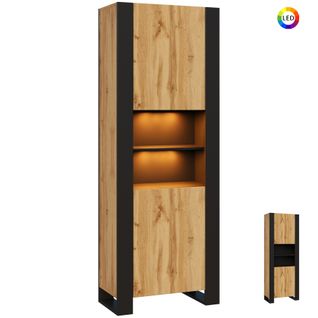 Armoire Vitrine Lovy En Noir Et Bois Chêne Avec LED Rgb 70 Cm Sans Poignées