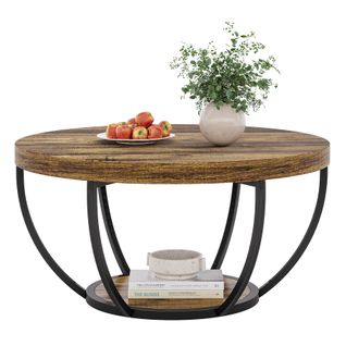 Table Basse Ronde Industrielle à 2 Niveaux Pour Salon, Bureau à Domicile, Marron Rustique