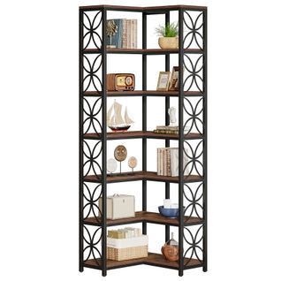 Bibliothèque D'angle En L à 7 Niveaux, 200cm, Avec Structure Métallique Et Étagère Autoportante.