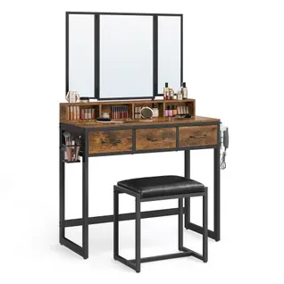 Coiffeuse, Avec Tabouret Rembourré, Avec Miroir Triple, 3 Tiroirs, Porte-sèche-cheveux, Pot