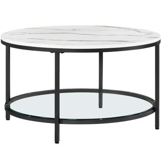 Table Basse, Support En Verre Trempé, Facile à Assembler, Blanc Marbré Et Noir