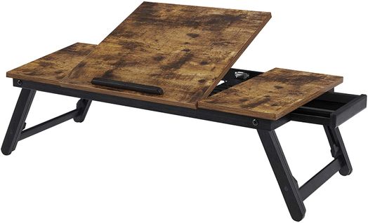 Table De Lit, Support Pour Ordinateur Portable, Avec Pieds Réglables, Tiroir, Marron Foncé Rustique
