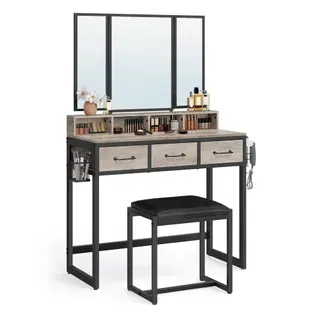 Coiffeuse Avec Tabouret, 3 Miroirs, 3 Tiroirs, Porte-sèche-cheveux, Style Industriel, Grège, Noir