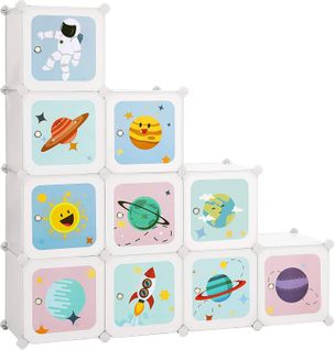 Meuble De Rangement Enfant 10 Cubes, Jouets, Sacs D'école, 123 X 31 X 123 Cm, Blanc