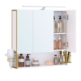 Armoire Murale Avec Miroir, Avec Lampe LED, Avec Câble, Placard 3 Portes, Moderne Chic, Blanc