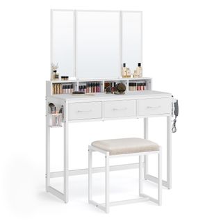 Coiffeuse Avec Tabouret, Miroir Triple, 3 Tiroirs, Porte-sèche-cheveux, Pot, Style Moderne, Blanc