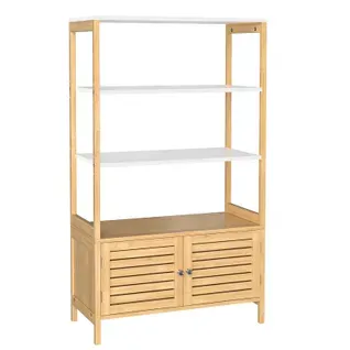 Etagère De Rangement En Bambou, Avec 3 Étagères Et 1 Placard À 2 Portes, 70 X 30 X 120 Cm