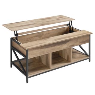 Table De Salon Avec Plateau Relevable, Avec Rangement Ouvert Et Compartiment Caché, Marron Et Noir