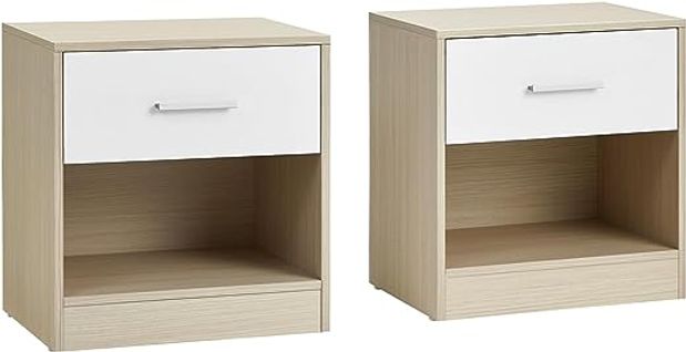 Lot de 2 Tables de Chevet avec tiroir, compartiment ouvert, 39 x 28 x 41 cm, Beige Naturel et Blanc