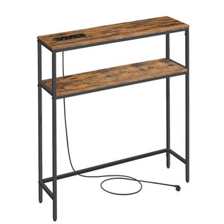 Table Console Avec Prise, Bout De Canapé Étroit Avec 2 Étagères, 20 X 80 X 80 Cm, Marron Et Noir