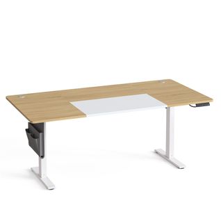 Bureau Réglable En Hauteur, 180 X 80 Cm, Fonction Mémoire, Port USB-c, Couleur Chêne Et Blanc