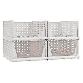 Organisateur D’armoire Pliable Lot De 4, Tiroir Coulissant Empilable, Panier, En Plastique, Blanc