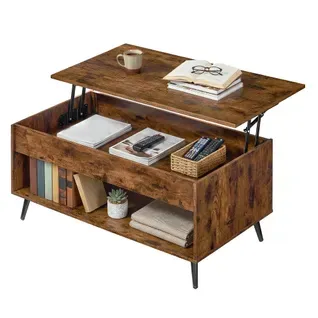 Meuble De Salon Avec Plateau Relevable, Vérin à Gaz, Rangement Ouvert, Marron Et Noir