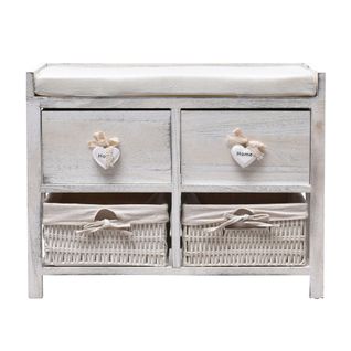 Banc Banquette Assise 2 Tiroirs Bois Blanc Shabby 46x60x30