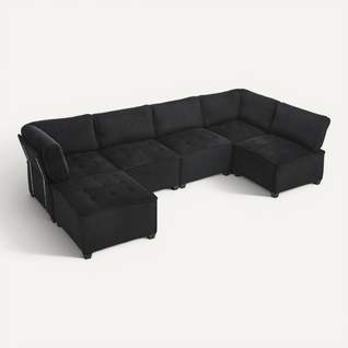 Grand Canapé Modulaire 5 Places + 1 Pouf,velours Côtelé,noir