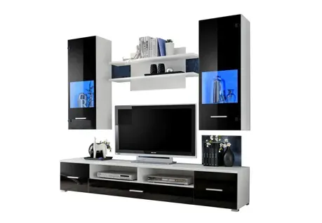 Meuble TV Mural Magnetic Noir Brillant Et Blanc Mat 200cm