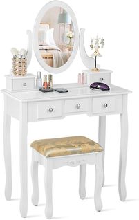 Coiffeuse Table De Maquillage Avec Miroir Ovale Pivotant À 360°, 5 Tiroirs Finition Peinte