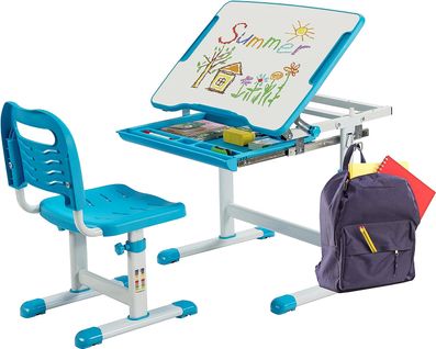 Bureau Enfant À Hauteur Réglable Inclinable 0-45°, Ensemble Table Et Chaise Avec Plateau, 1 Tiroir
