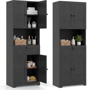 Armoire De Salle De Bains,armoire Haute En Bois Avec 4 Portes,1 Tiroir,étagère Réglable(noir)