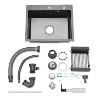 Cuisine Évier Simple En Acier Inoxydable 55*45*19cm - Noir Avec Panier Télescopique