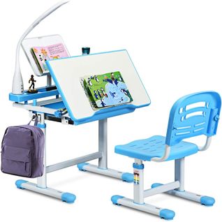 Set Bureau Et Chaise Pour Enfants Avec Lampe LED,bureau Inclinable 0°-40°,charge Maximale 80kg Bleu