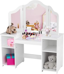 Coiffeuse Pour Enfants 2 En 1 Avec Miroir Amovible, Bureau Enfant Avec 4 Étagères, Blanc