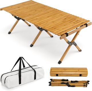 Table De Camping Pliante En Bambou à Latte Enroulable,charge Max 50kg 122x60x43,5cm, Naturel