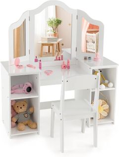 2 En 1 Coiffeuse Et Chaise Enfants Avec Miroir Amovible à Trois Volets