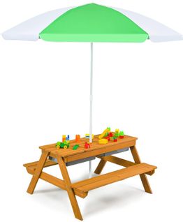 3 En 1 Table De Pique-nique Enfants Avec Parasol Amovible, Table De Jardin Avec Plateau Amovible