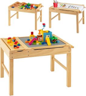 2 En 1 Table De Blocs De Construction Enfants Avec Plateau Réversible, Table Multi-activités En Bois
