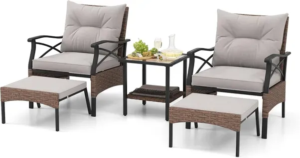 Ensemble De Meubles De Patio 5 Pièces, Salon De Jardin En Rotin Avec 2 Chaises 2 Poufs Et 1 Table