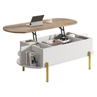 Table Basse Moderne 120x50x43cm - Plateau Réglable - Bois Et Blanc