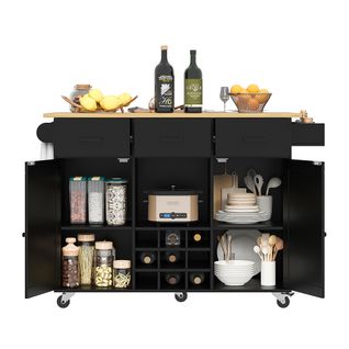 Îlot De Cuisine Mobile Avec Rangements Et Plan De Travail Pliable, Tiroirs – Noir