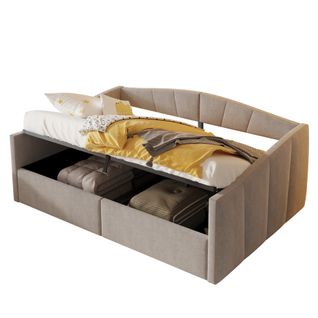 Lit Coffre 140x200 Velours à Rayures, Rangement Hydraulique, Sommier Inclus，gris Clair