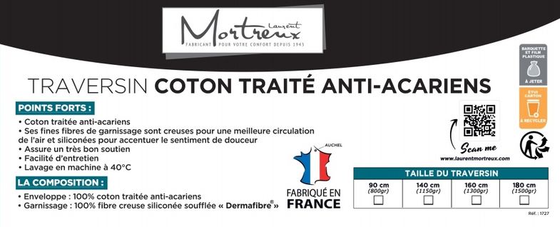 Traversin Coton Anti Acariens - Pour Lit De 180 Cms - Toutes Saisons - Moelleux