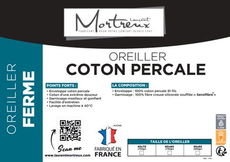 Oreiller Coton Percale - 60 X 60 - 650grs Ferme - Toutes saisons