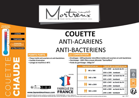 Couette Chaude Anti Acariens et Anti Bactériens - 2 Personnes 220 X 240 - Spécial Hiver