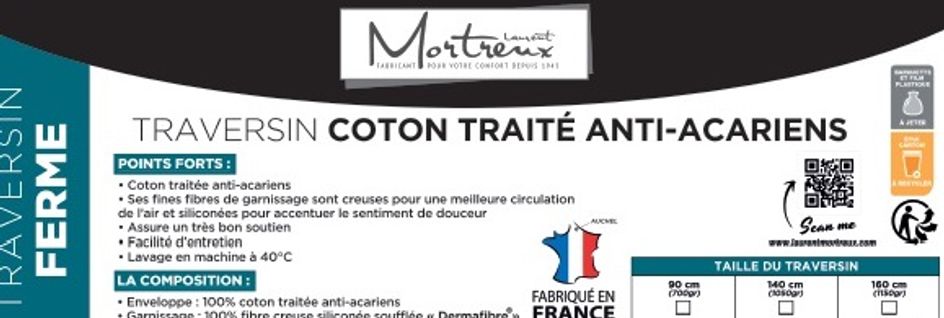 Traversin Ferme Coton Anti-acariens - 160 cms - Toutes Saisons
