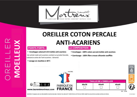 Lot De 2 Oreillers Moelleux Coton Percale Anti Acariens - 60 X 60 - 550grs