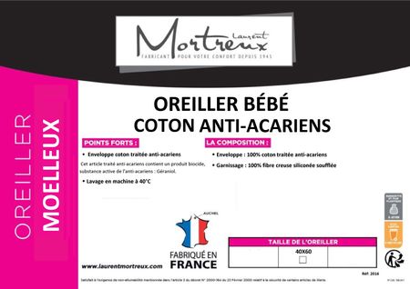 Oreiller Bébé Coton Anti Acariens - 40x60 - Moelleux
