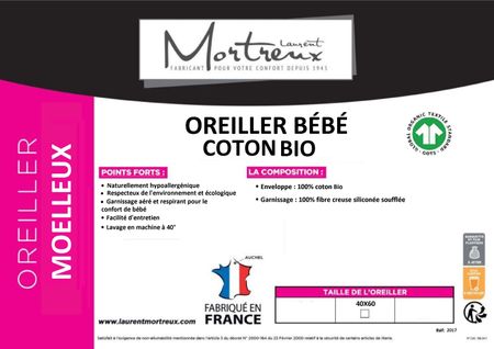 Oreiller Bébé Coton Bio - 40x60 - Moelleux
