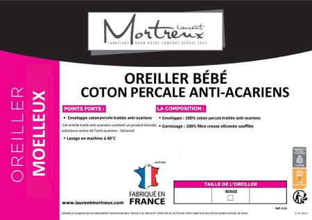 Oreiller Bébé Coton Percale Anti Acariens - 40x60 - Moelleux