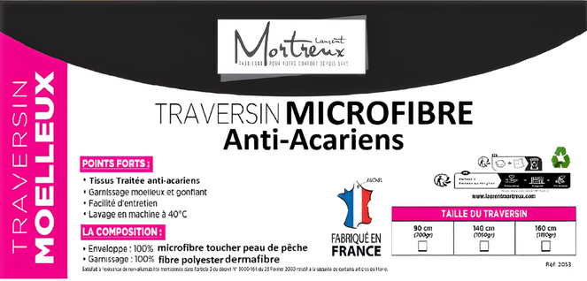 Traversin Moelleux Microfibre Anti Acariens - Pour Lit De 2 Personnes 160cms - 1150grs