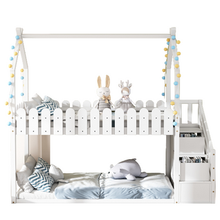 Lit enfant superposé avec 2 tiroirs, avec décoration clôture, bois massif, blanc