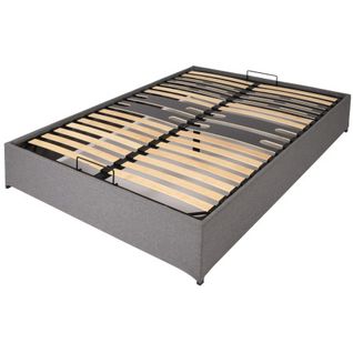Lit Coffre Savio - 160x200 - Tissu Déco Gris Clair - 36 Lattes Bois - Gain De Place