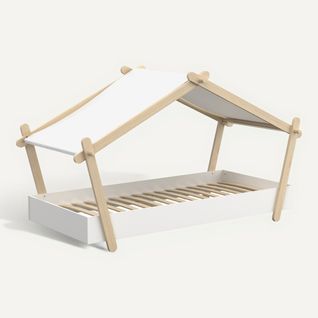 Lit cabane 90x200 cm MANOA blanc et bois vue 3/4