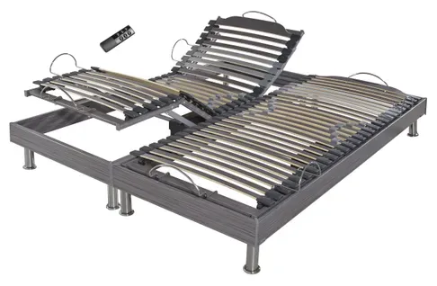 Sommier Électrique S62+lattes Bois - Réglage Fermeté Zone Lombaires - 2x80x200 - Gris