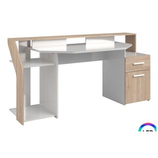 Bureau gamer LED CASSANDRA blanc et imitation chêne vue 3/4