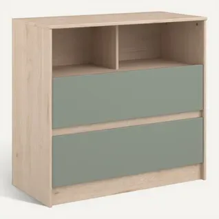 Commode 2 tiroirs et 2 niches SHELTER Imitation chêne et vert vue 3/4